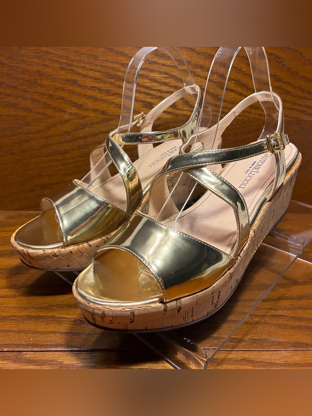 Gastone Lucioli ITALY MADE Metallic Gold Cork Platform Wedge Sandal EU41 US 10.5